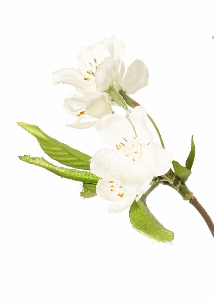 Birnenblütenzweig (Pyrus) 3-fach verzweigt mit 33 Blüten, 9 Blütenknospen & 65 Blättern, 115 cm -