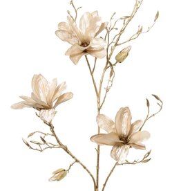 Magnolia branch (velvet & satin) with 3 flowers, 2 flowerbuds & 20 plastic buds, golden stem 115 cm