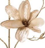Magnolia branch (velvet & satin) with 3 flowers, 2 flowerbuds & 20 plastic buds, golden stem 115 cm