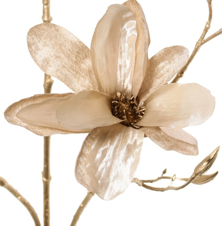 Magnolienzweig (Samt & Satin) mit 3 Blüten, 2 Blütenknospen & 20 Plastikknospen, goldener Stiel 115 cm