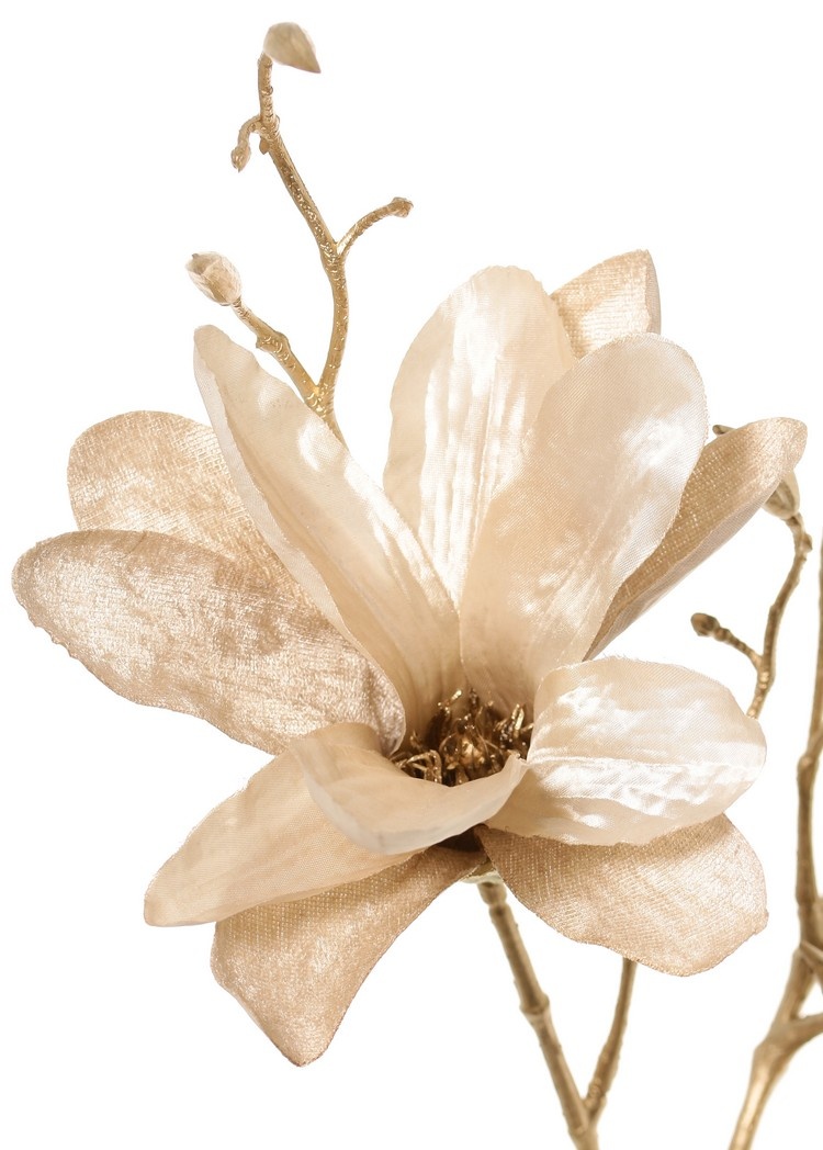 Magnolia branch (velvet & satin) with 3 flowers, 2 flowerbuds & 20 plastic buds, golden stem 115 cm