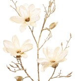 Rama de magnolia (terciopelo y satén) con 3 flores, 2 capullos y 20 capullos de plástico, tallo dorado 115 cm
