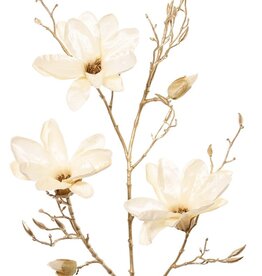 Magnolia Spray (fluweel & satijn) met 3 bloemen, 2 bloemknoppen & 20 plastic knoppen, gouden steel 115 cm