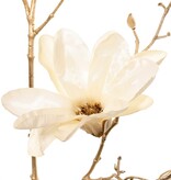 Magnolia Spray (fluweel & satijn) met 3 bloemen, 2 bloemknoppen & 20 plastic knoppen, gouden steel 115 cm