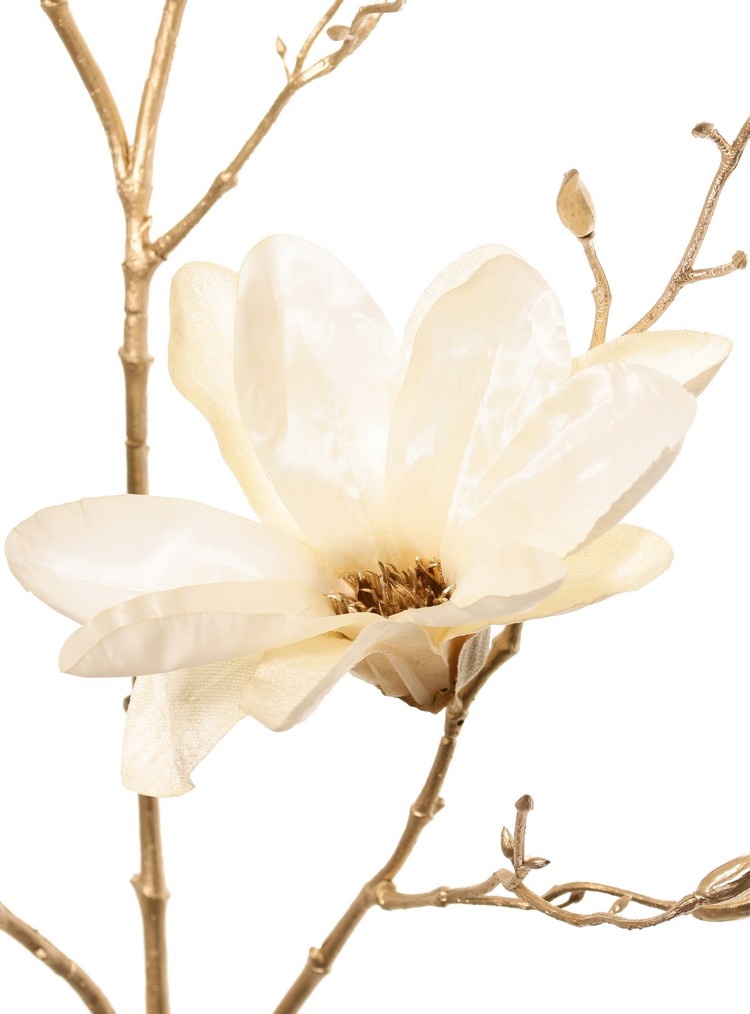 Rama de magnolia (terciopelo y satén) con 3 flores, 2 capullos y 20 capullos de plástico, tallo dorado 115 cm