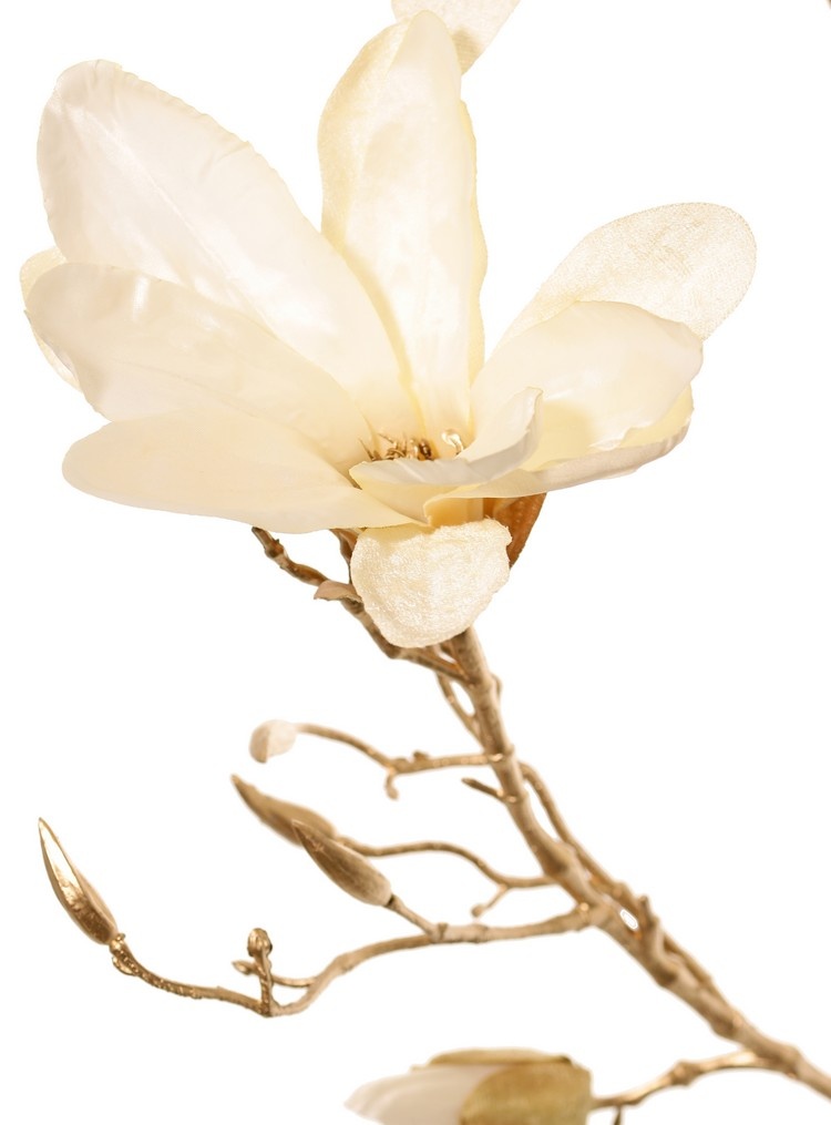Rama de magnolia (terciopelo y satén) con 3 flores, 2 capullos y 20 capullos de plástico, tallo dorado 115 cm