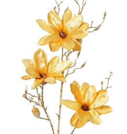 Magnolia Spray (fluweel & satijn) met 3 bloemen, 2 bloemknoppen & 20 plastic knoppen, gouden steel 115 cm