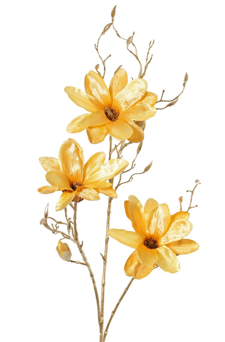 Magnolienzweig (Samt & Satin) mit 3 Blüten, 2 Blütenknospen & 20 Plastikknospen, goldener Stiel 115 cm