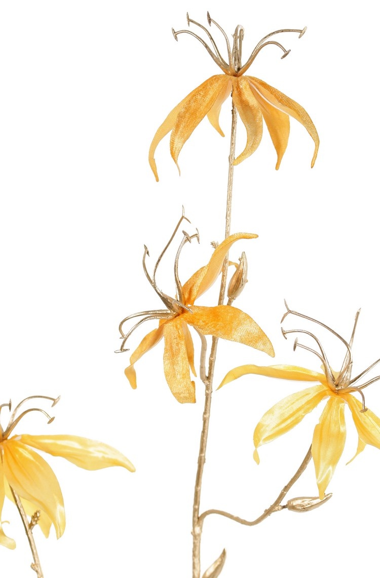 Gloriosa-Zweig (Samt und Satin) mit 7 Blüten und 8 goldenen Plastikknospen, 110 cm