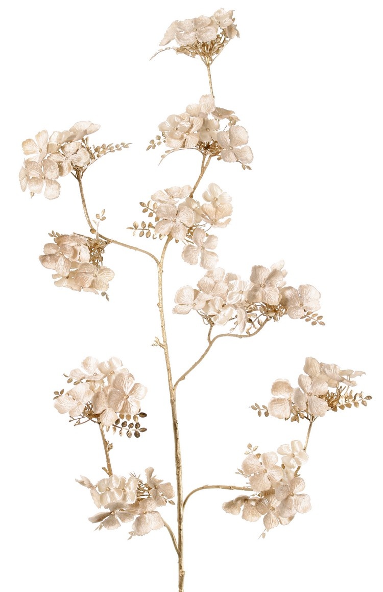 Rama de hortensia (terciopelo y satén) con 5 flores y 11 racimos, con hojas y tallo de plástico, 112 cm