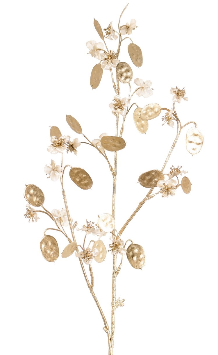 Lunaria (Silberdollar) (satiniert), 20 Blumen, 20 goldene Dollars, goldener Kunststoffstiel, 84 cm