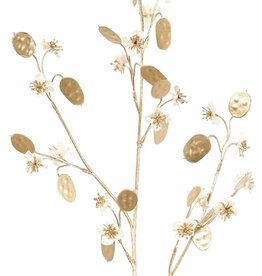 Lunaria (Silver Dollars) (satijn), 20 bloemen, 20 'gouden' dollars, plastic gouden steel, 84 cm
