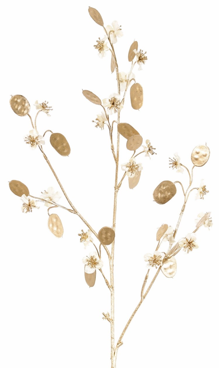 Lunaria (dólares de plata) (satinado), 20 flores, 20 dólares 'dorados', tallo dorado de plástico, 84 cm