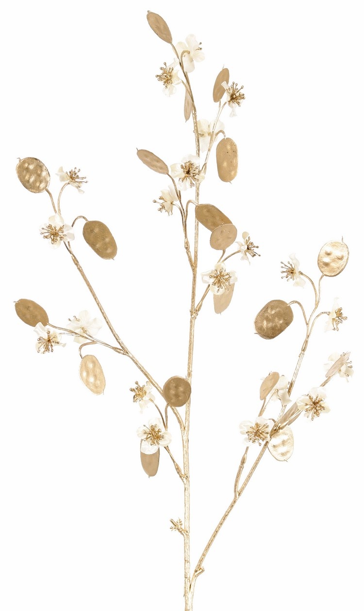 Lunaria (Silberdollar) (satiniert), 20 Blumen, 20 goldene Dollars, goldener Kunststoffstiel, 84 cm