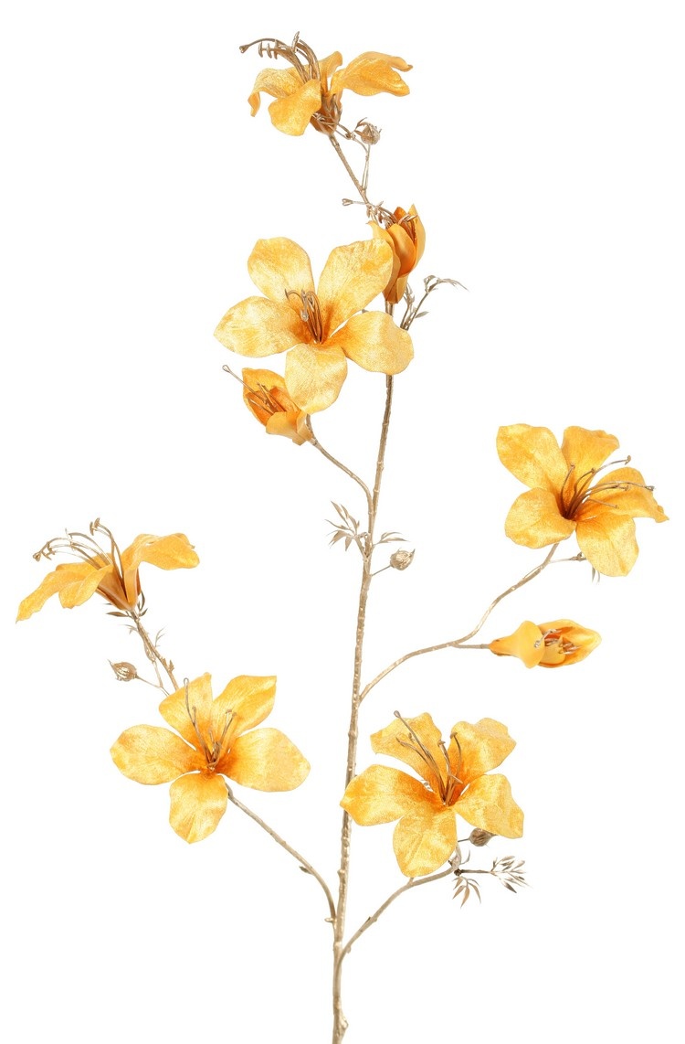 Bauhinia tak (fluweel), 6 bloemen, 3 bloemknoppen, 7 bladtrossen & 7 knoppen & gouden steel 115 cm  -