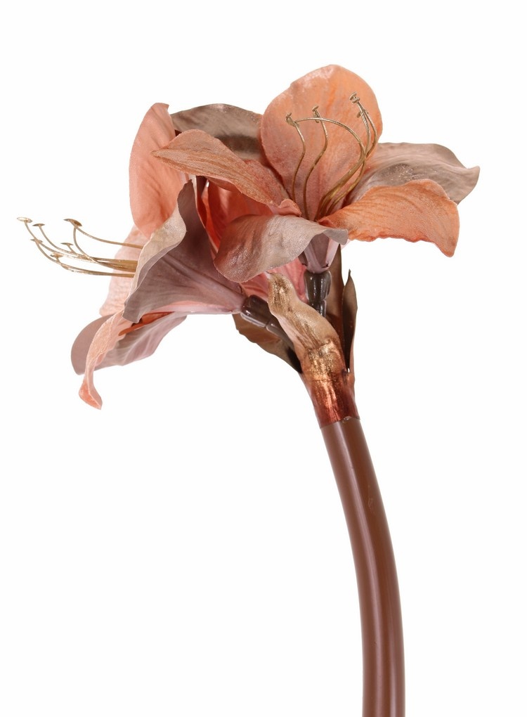 Amaryllis 'Glamour', 3 bloemen Ø 9 cm, H. 14 cm, (velvet & polyester), gouden plastic meeldraden, 69 cm  -