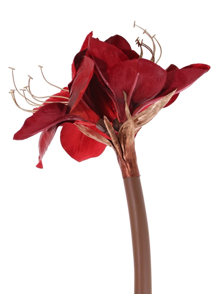 Amaryllis 'Glamour', 3 bloemen Ø 9 cm, H. 14 cm, (velvet & polyester), gouden plastic meeldraden, 69 cm