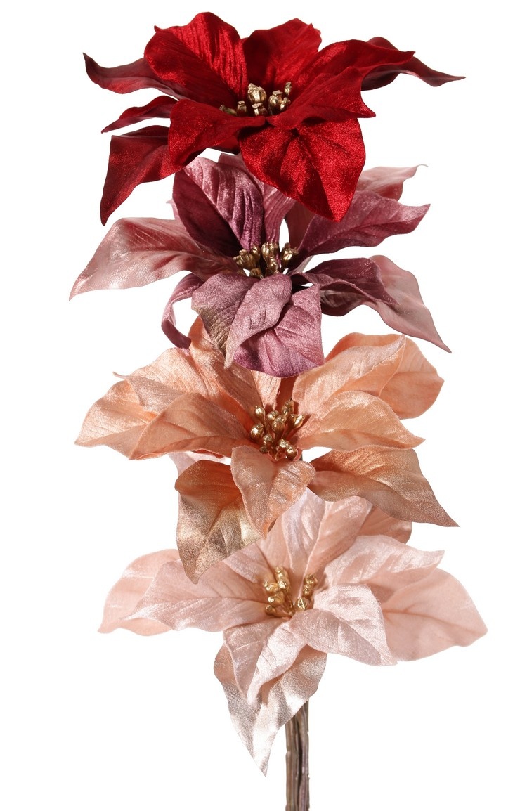 Kerstster (Poinsettia) 'Glamour', 1 bloem (Ø 23 cm, H. 5 cm), (velvet & polyester) gouden bloemhart, 55 cm