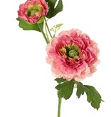 Ranunculus, doblemente ramificado con 2 flores de poliéster (Ø 8 y 5 cm) y 1 capullo, 7 hojas, 46 cm