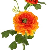 Ranonkel, 2x vertakt met 2 polyester bloemen (Ø 8 & 5 cm) & 1 knop, 7 blaadjes, 46 cm