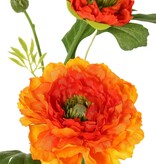 Ranunculus, 2x branched with 2 polyester flowers (Ø 8 & 5 cm) & 1 bud, 7 leaves, 46 cm