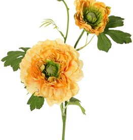 Ranonkel, 2x vertakt met 2 polyester bloemen (Ø 8 & 5 cm) & 1 knop, 7 blaadjes, 46 cm