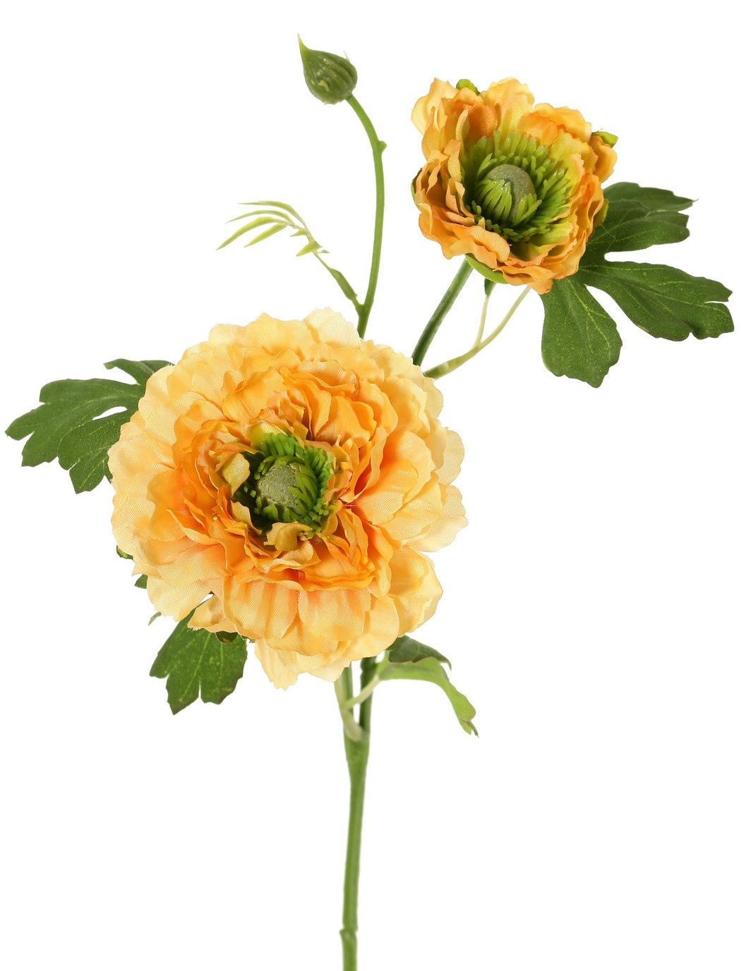 Ranonkel, 2x vertakt met 2 polyester bloemen (Ø 8 & 5 cm) & 1 knop, 7 blaadjes, 46 cm