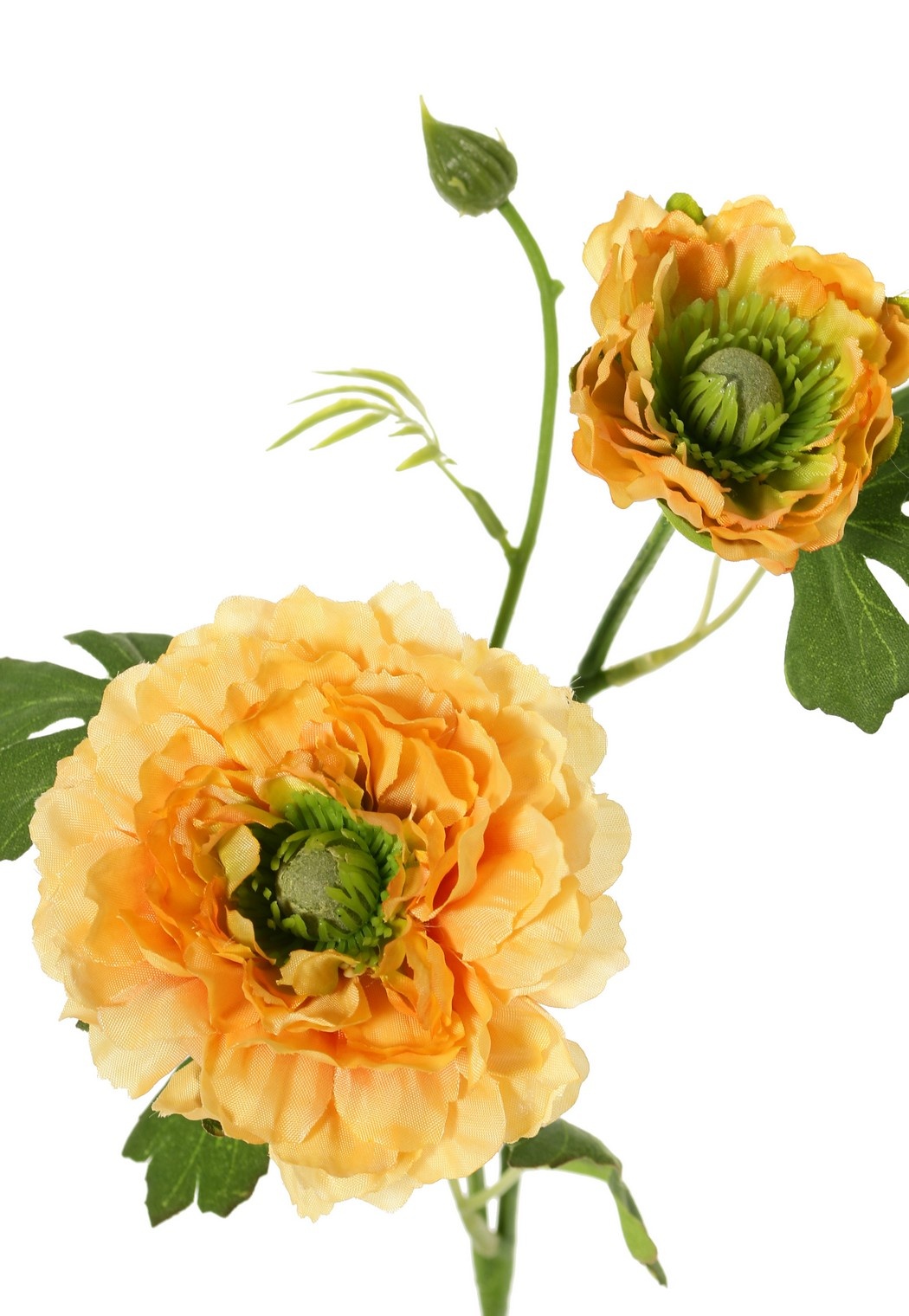 Ranunculus, 2x branched with 2 polyester flowers (Ø 8 & 5 cm) & 1 bud, 7 leaves, 46 cm