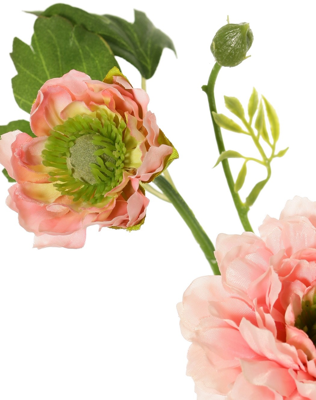 Ranunculus, 2x branched with 2 polyester flowers (Ø 8 & 5 cm) & 1 bud, 7 leaves, 46 cm