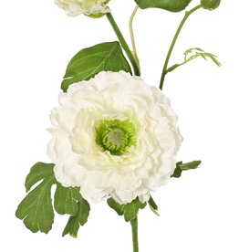 Ranunculus, doblemente ramificado con 2 flores de poliéster (Ø 8 y 5 cm) y 1 capullo, 7 hojas, 46 cm