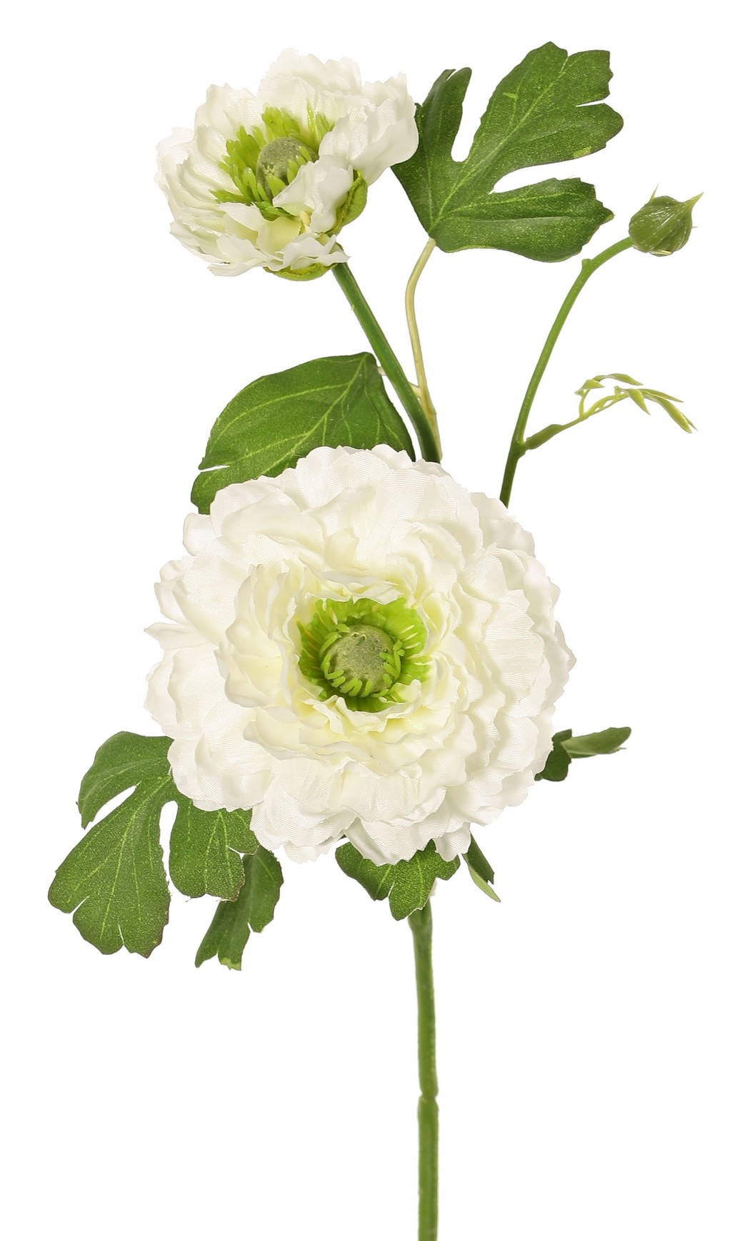 Ranunculus, doblemente ramificado con 2 flores de poliéster (Ø 8 y 5 cm) y 1 capullo, 7 hojas, 46 cm