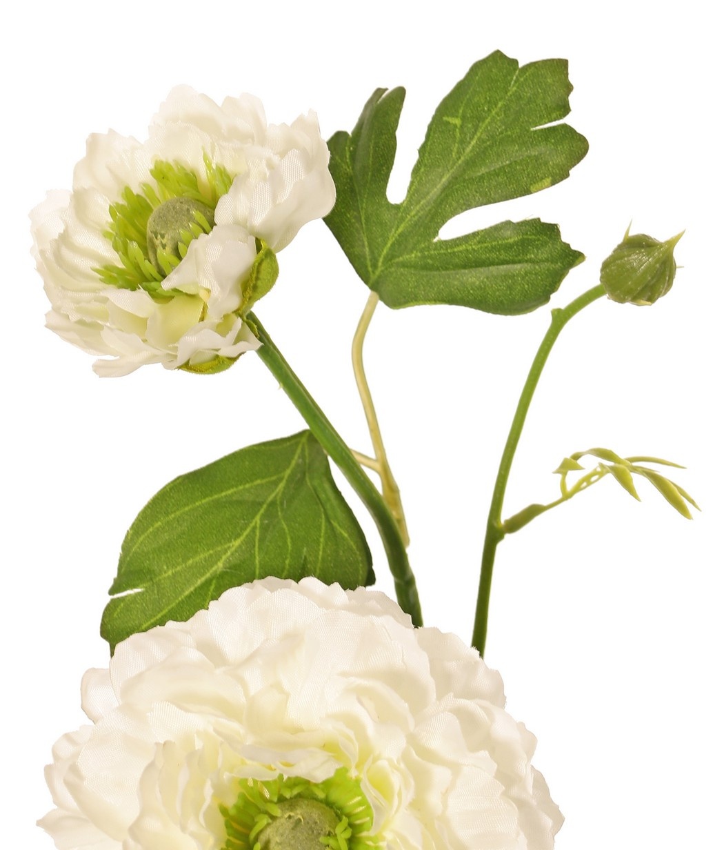 Ranunculus, 2x branched with 2 polyester flowers (Ø 8 & 5 cm) & 1 bud, 7 leaves, 46 cm