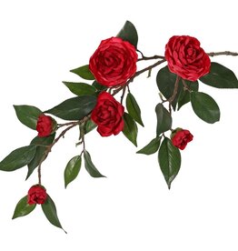 Camellia flower branch (Japanese rose) with 6 flowers (2 XL/ 1 M/ 3 S) and 21 leaves, 76 cm