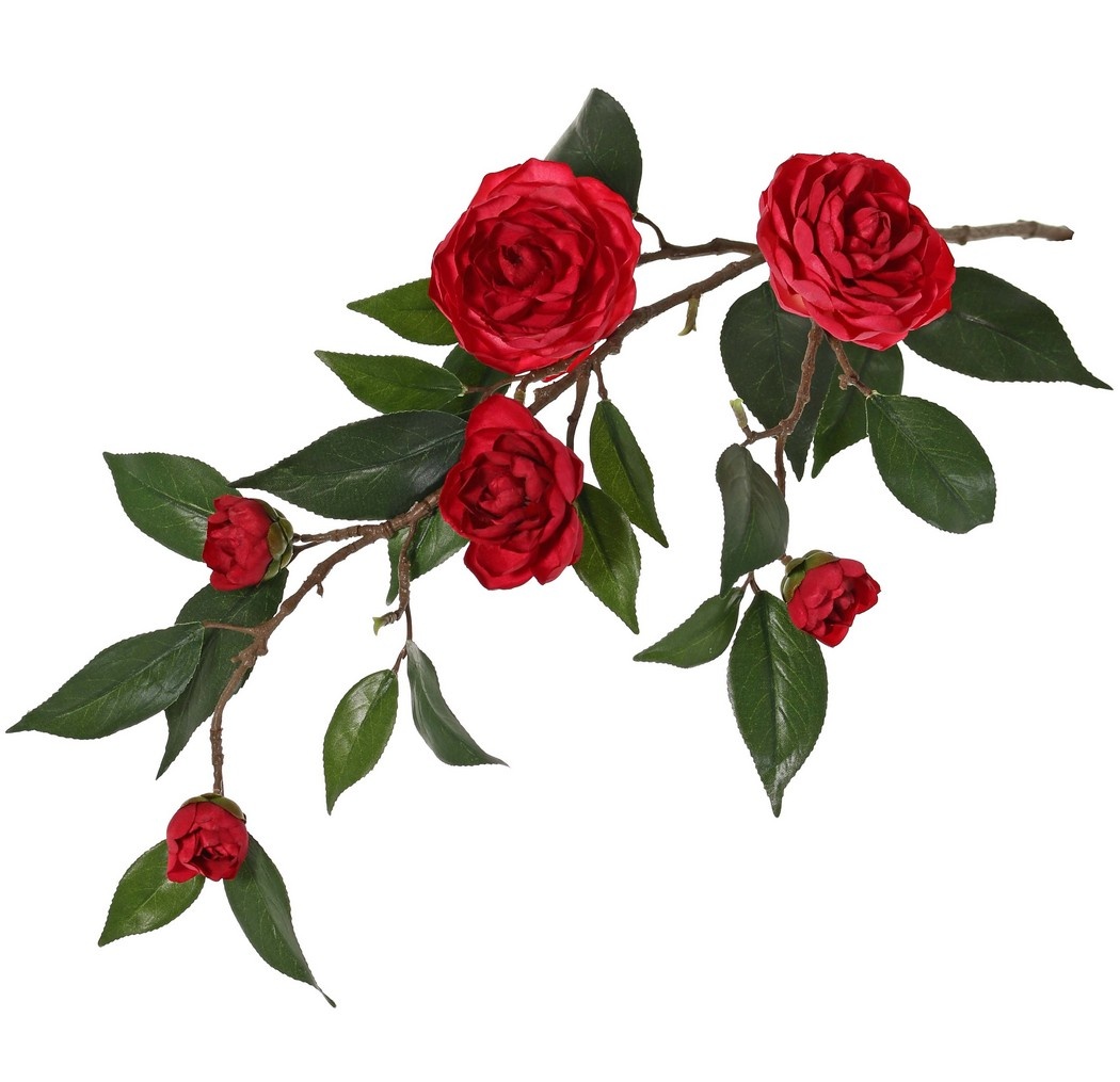 Camellia (Japanse roos) bloementak met 6 bloemen (2 XL/ 1 M/ 3 S) & 21 bladeren, 76 cm