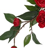 Camellia flower branch (Japanese rose) with 6 flowers (2 XL/ 1 M/ 3 S) and 21 leaves, 76 cm