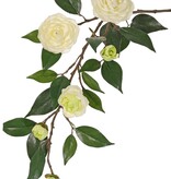 Camellia flower branch (Japanese rose) with 6 flowers (2 XL/ 1 M/ 3 S) and 21 leaves, 76 cm