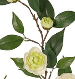 Camellia flower branch (Japanese rose) with 6 flowers (2 XL/ 1 M/ 3 S) and 21 leaves, 76 cm