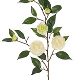 Camellia flower branch (Japanese rose) with 6 flowers (2 XL/ 1 M/ 3 S) and 21 leaves, 76 cm