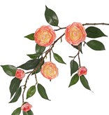 Camellia flower branch (Japanese rose) with 6 flowers (2 XL/ 1 M/ 3 S) and 21 leaves, 76 cm