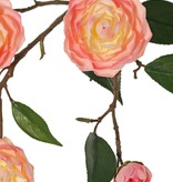 Camellia flower branch (Japanese rose) with 6 flowers (2 XL/ 1 M/ 3 S) and 21 leaves, 76 cm