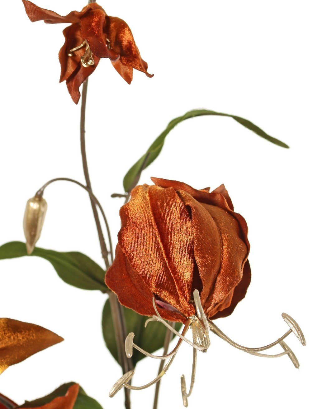Gloriosa lily, velvet, 'Glamour' with 2 flrs, 1 flr bud (golden stamen) & 1 golden bud & 6 leaves 80 cm