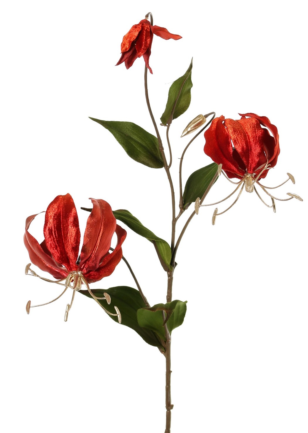 Lelie Gloriosa, fluweel, 'Glamour' met 2 bloemen, 1 bloemknop (gouden meeldraden) & 1 gouden knop & 6 bladeren, 80 cm