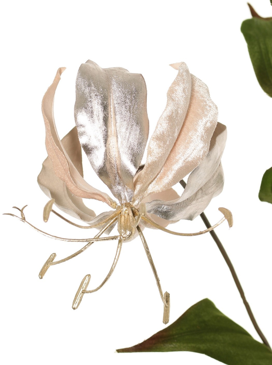 Lelie Gloriosa, fluweel, 'Glamour' met 2 bloemen, 1 bloemknop (gouden meeldraden) & 1 gouden knop & 6 bladeren, 80 cm