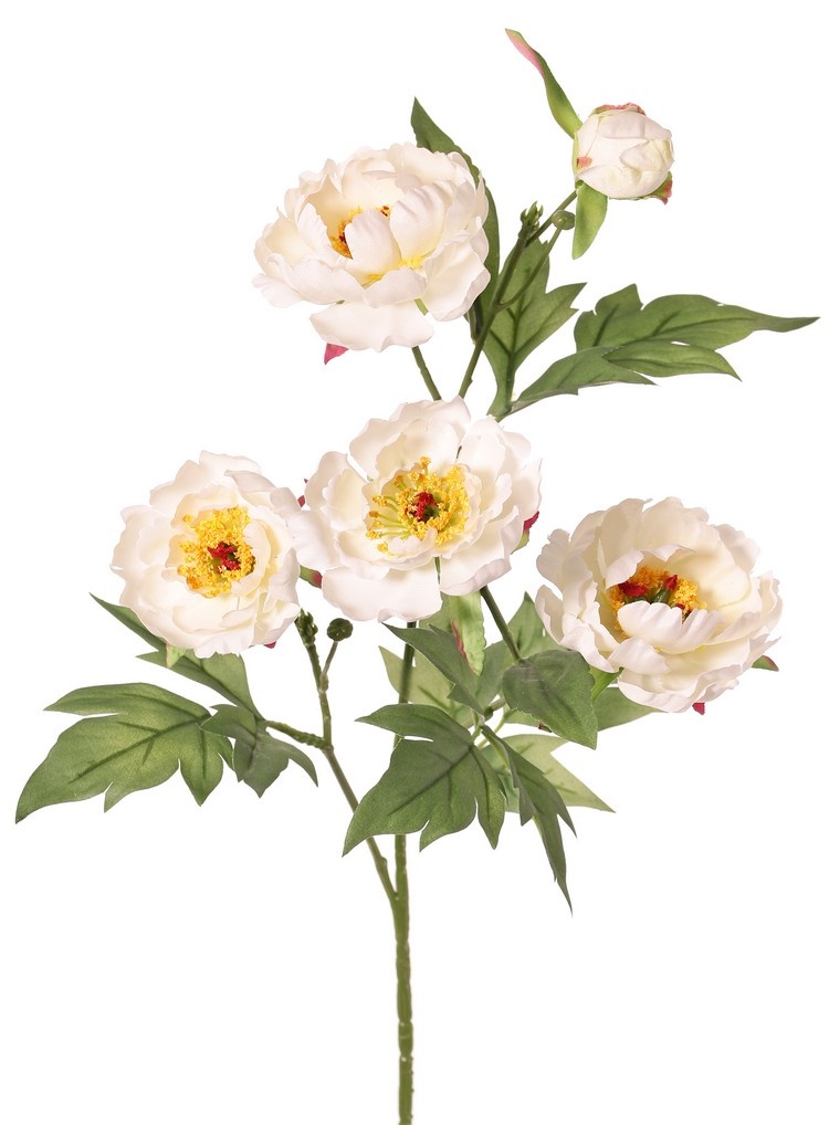 Pfingstrosenzweig mini, 3-fach verzweigt, mit 4 Blüten Ø 7 cm, (2 L/ 2 M) & 1 Knspe, 14 Blätter, 60 cm RECYCELT