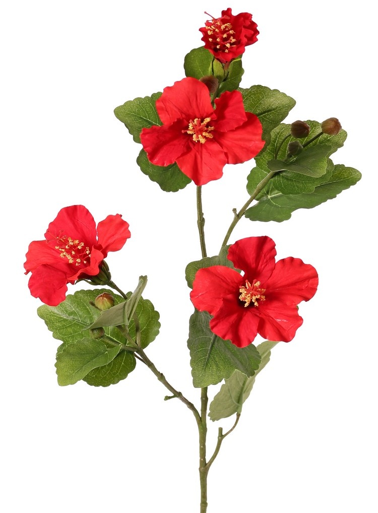 130721RO - Hibiscus (Chinese roos) 2x vertakt met 4 bloemen, 6 plastic knoppen & 13 bladeren, 80 cm