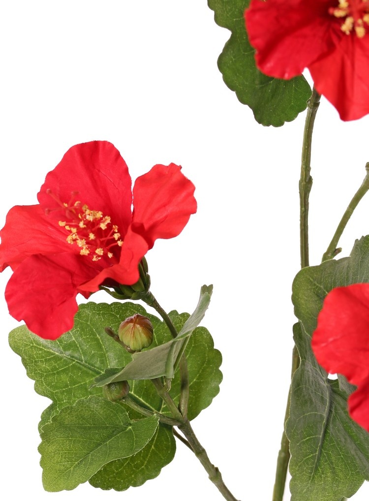 130721RO - Hibiscus (Chinese roos) 2x vertakt met 4 bloemen, 6 plastic knoppen & 13 bladeren, 80 cm