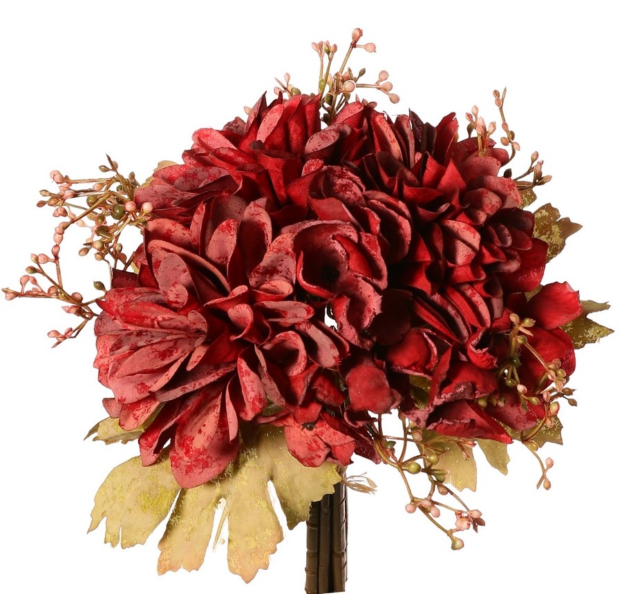Mixboeket 'Dusty', met 3 dahlia's, 1 hortensia, 3 bessentoeven & 3 bladeren, 27 cm