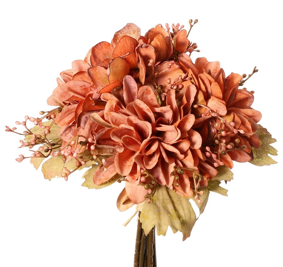 Mixboeket 'Dusty', met 3 dahlia's, 1 hortensia, 3 bessentoeven & 3 bladeren, 27 cm