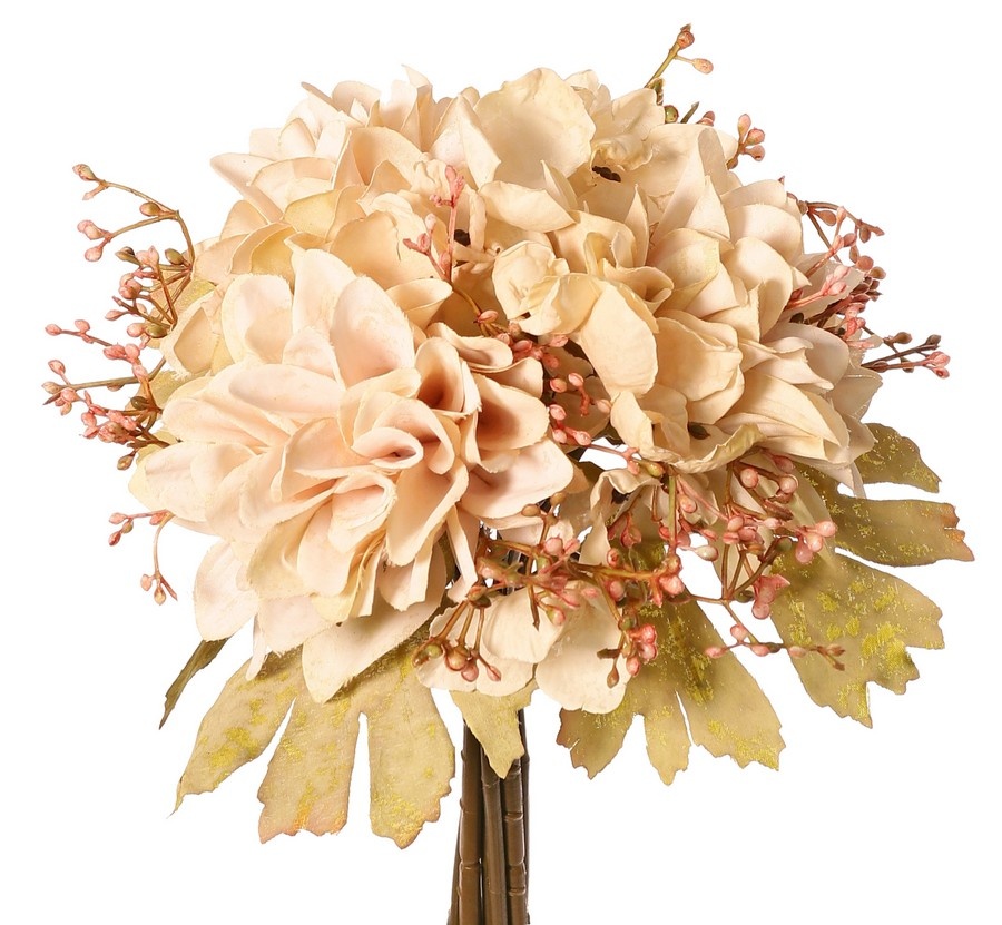 Mixboeket 'Dusty', met 3 dahlia's, 1 hortensia, 3 bessentoeven & 3 bladeren, 27 cm