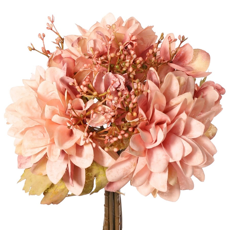 Mixboeket 'Dusty', met 3 dahlia's, 1 hortensia, 3 bessentoeven & 3 bladeren, 27 cm